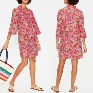 Boden Linen Red Pink Paisley V-Neck Evangeline Kaftan Tunic Dress Size US 12